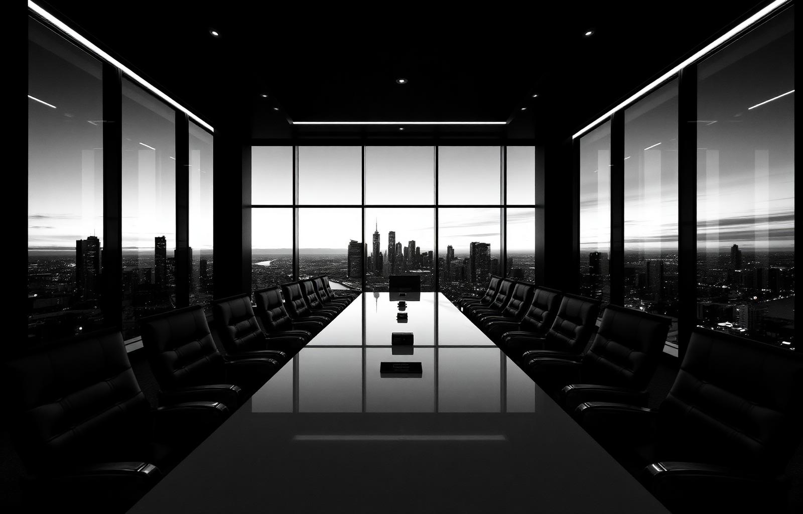 Modern boardroom at dusk overlooking a city skyline